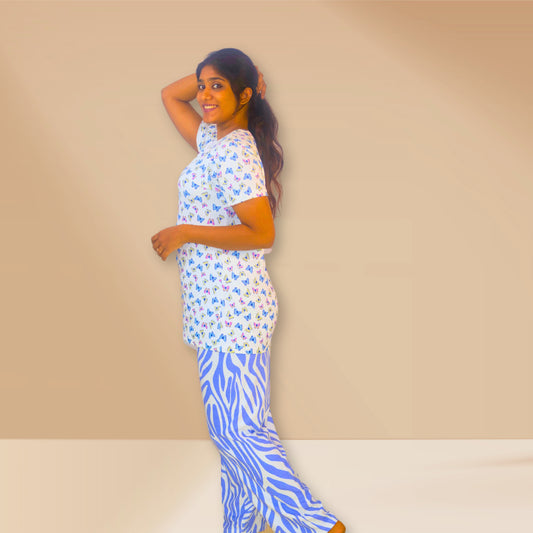 White and moody blue with butterflies and wave print M&M Night Dress