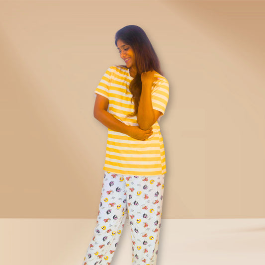 White on off-white with stripes and girl faces print M&M Night dress