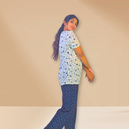 White and blue with stars and floral prints M&M Night dress