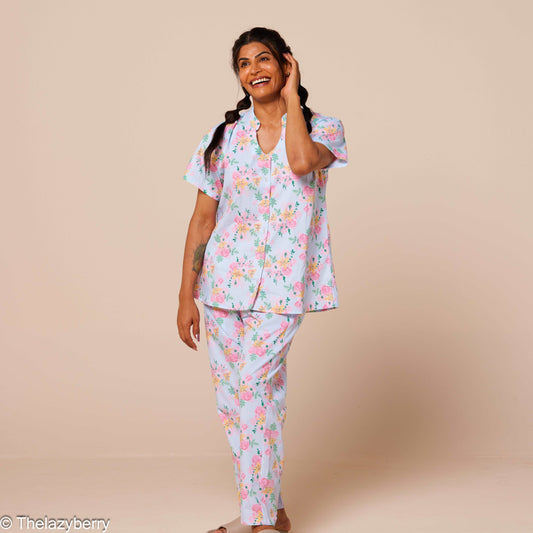 Sky Blue Rose Print Cotton Co-ord set