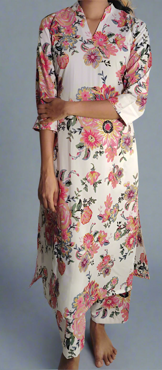 रंगीन अमूर्त पुष्प प्रिंट के साथ सफेद को-ऑर्ड सेट