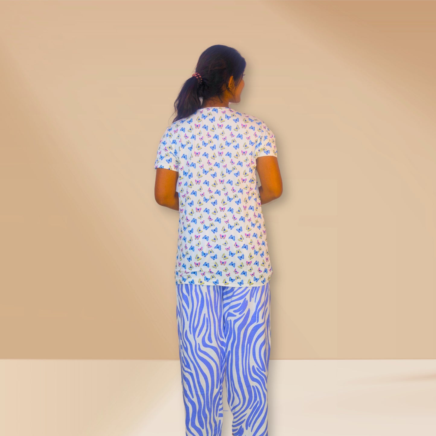 White and moody blue with butterflies and wave print M&M Night Dress