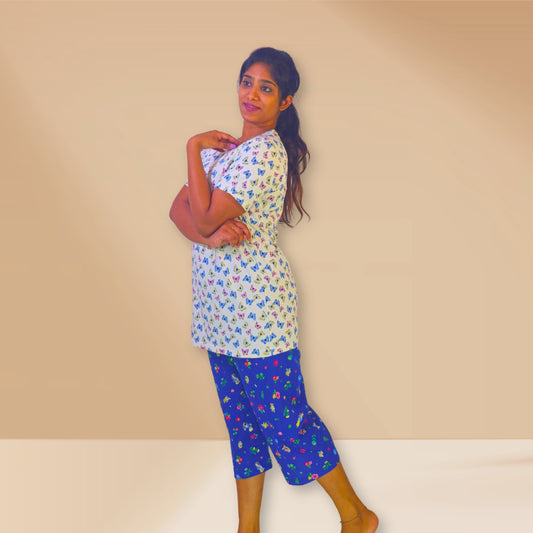 White and blue with butterfly and abstract prints M&M Night dress