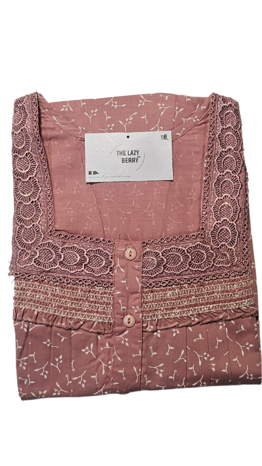 ऑफ-व्हाइट आर्किड किस के साथ मैजेंटा पुष्प प्रिंट फ्रिल्ड नाइटी।