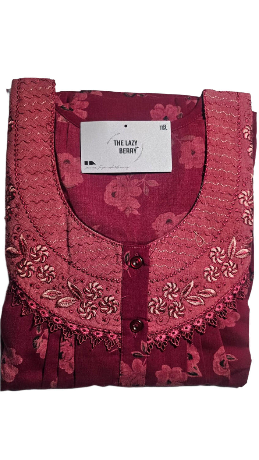 Luxury Floral Embroidered Crepe Cotton Nighty – Elegant & Comfortable