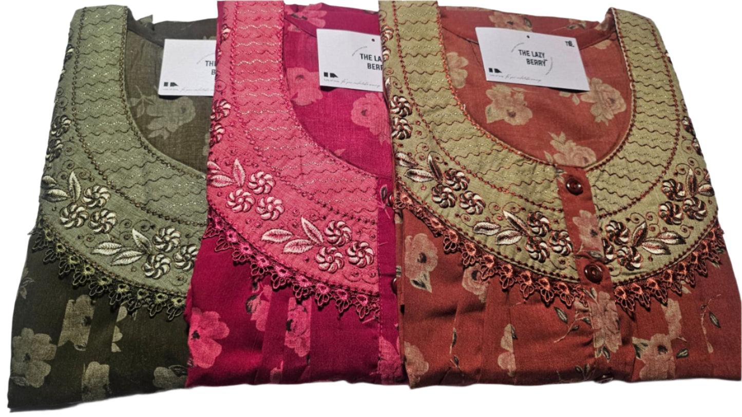 Luxury Floral Embroidered Crepe Cotton Nighty – Elegant & Comfortable