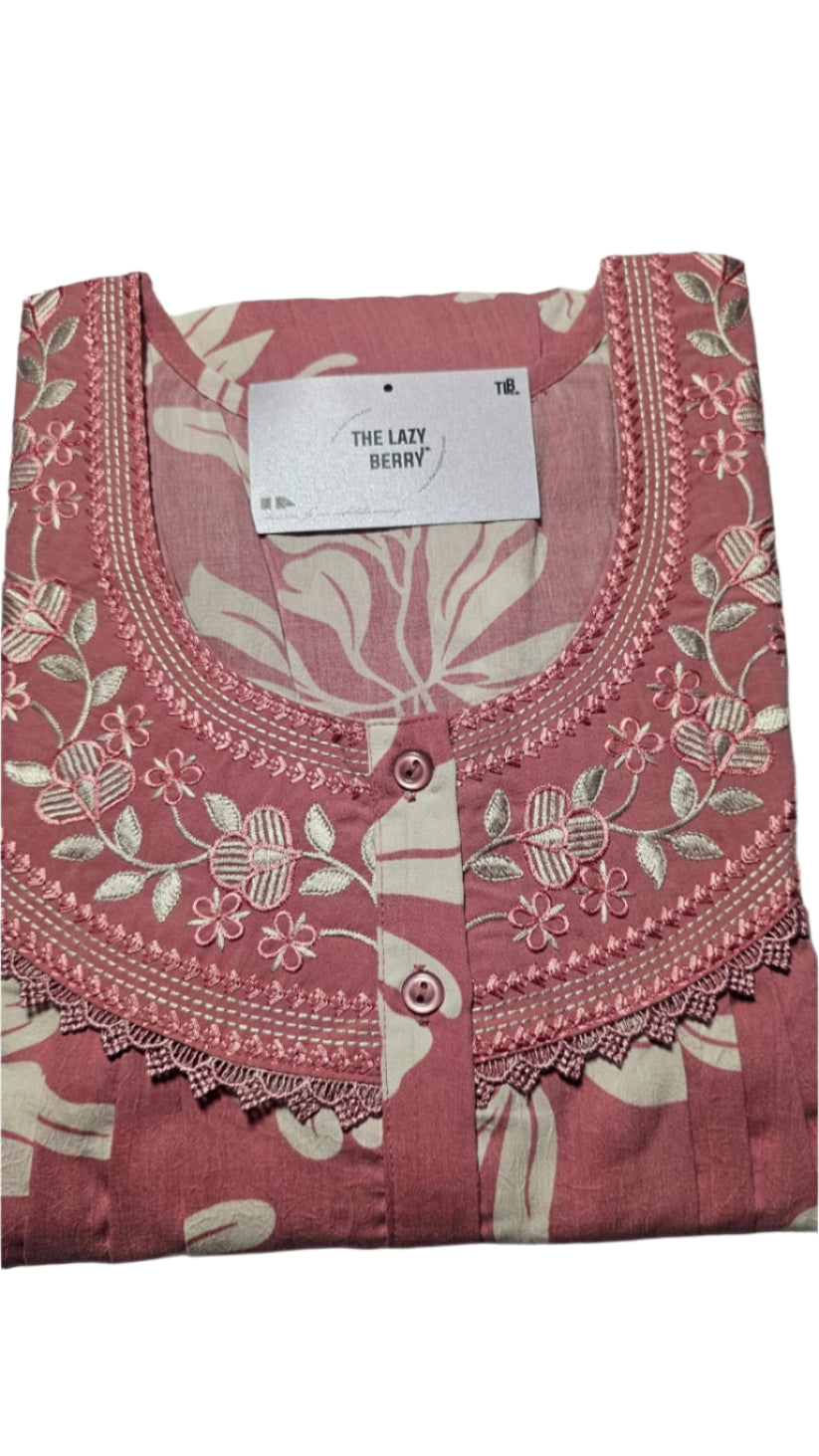 Elegant Floral Embroidered Crepe Cotton Nighty – Soft & Stylish