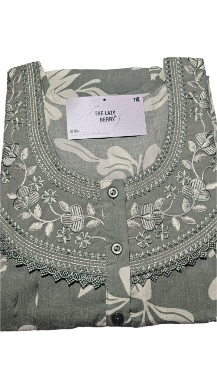 Elegant Floral Embroidered Crepe Cotton Nighty – Soft & Stylish