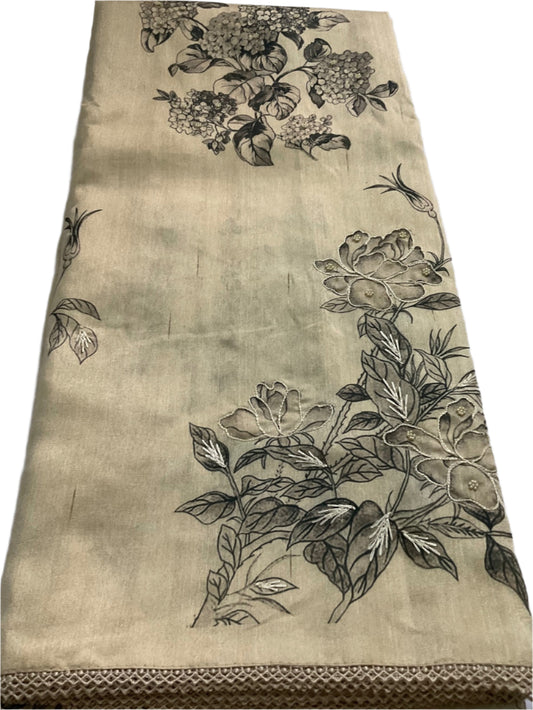 🌿 Elegant Tussar Silk Saree with Floral Embroidery 🌿