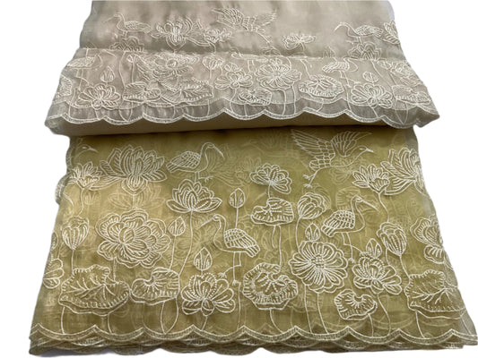 🌸 Elegant Embroidered Organza Saree – Gold yellow & Beige Tones 🌸