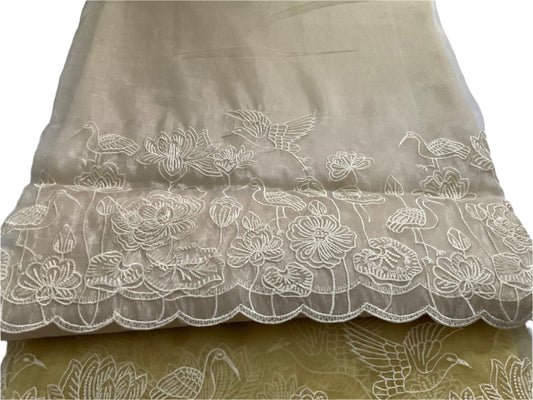 🌸 Elegant Embroidered Organza Saree – Gold yellow & Beige Tones 🌸