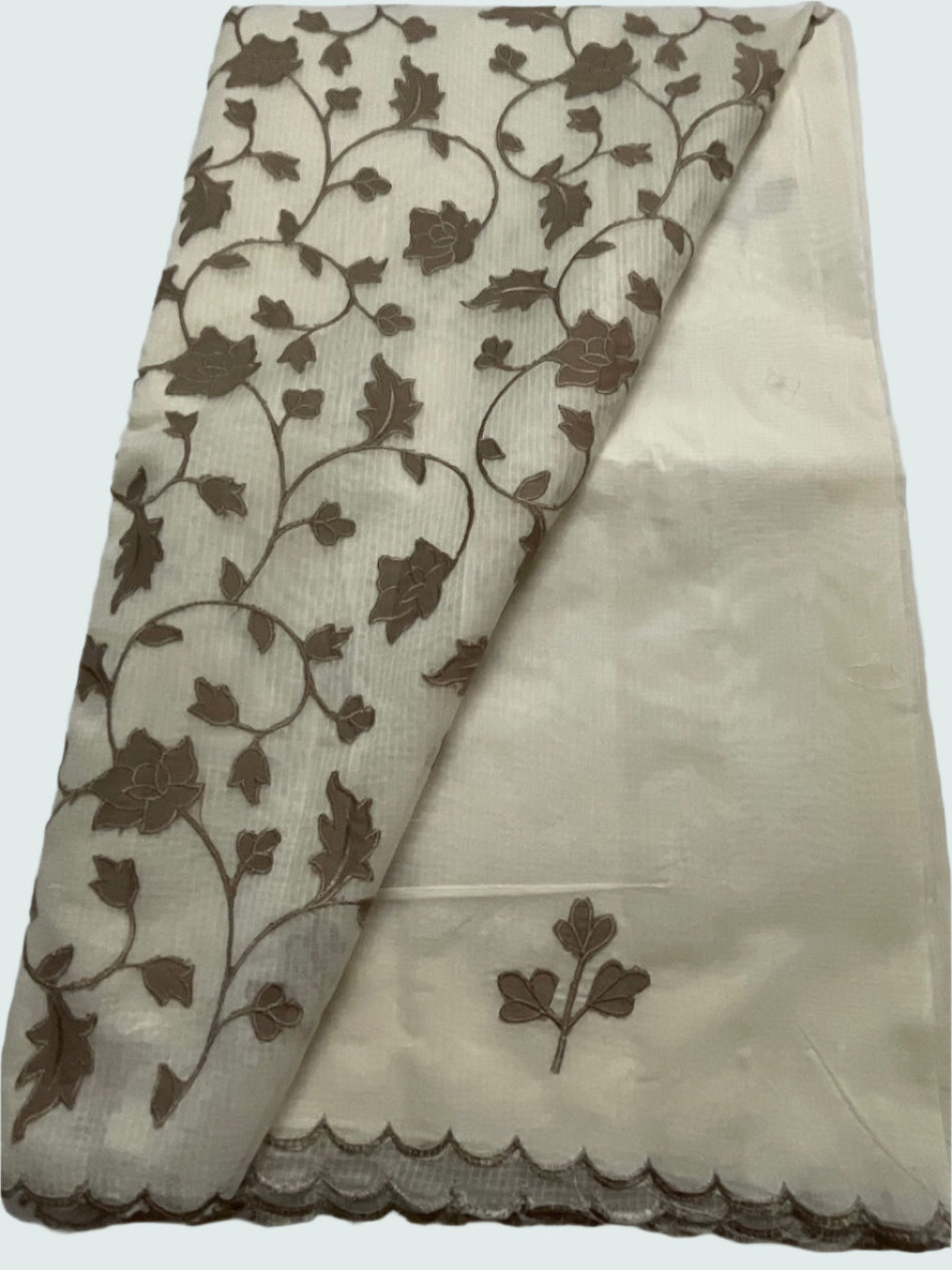 🌿 Classic Kota Silk Saree – Off-White & Brown Embroidery 🌿