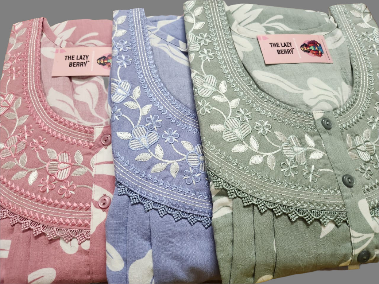 Elegant Floral Embroidered Crepe Cotton Nighty – Soft & Stylish