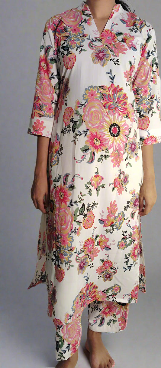 रंगीन अमूर्त पुष्प प्रिंट के साथ सफेद को-ऑर्ड सेट 